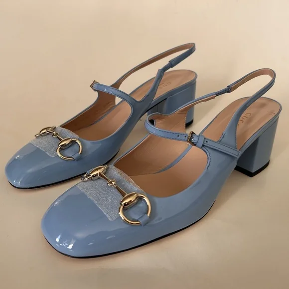 GUCCI Women's Horsebit Mary Jane Pumps Blue Patent Leather Size 8.5 NIB - Picture 1 of 10
